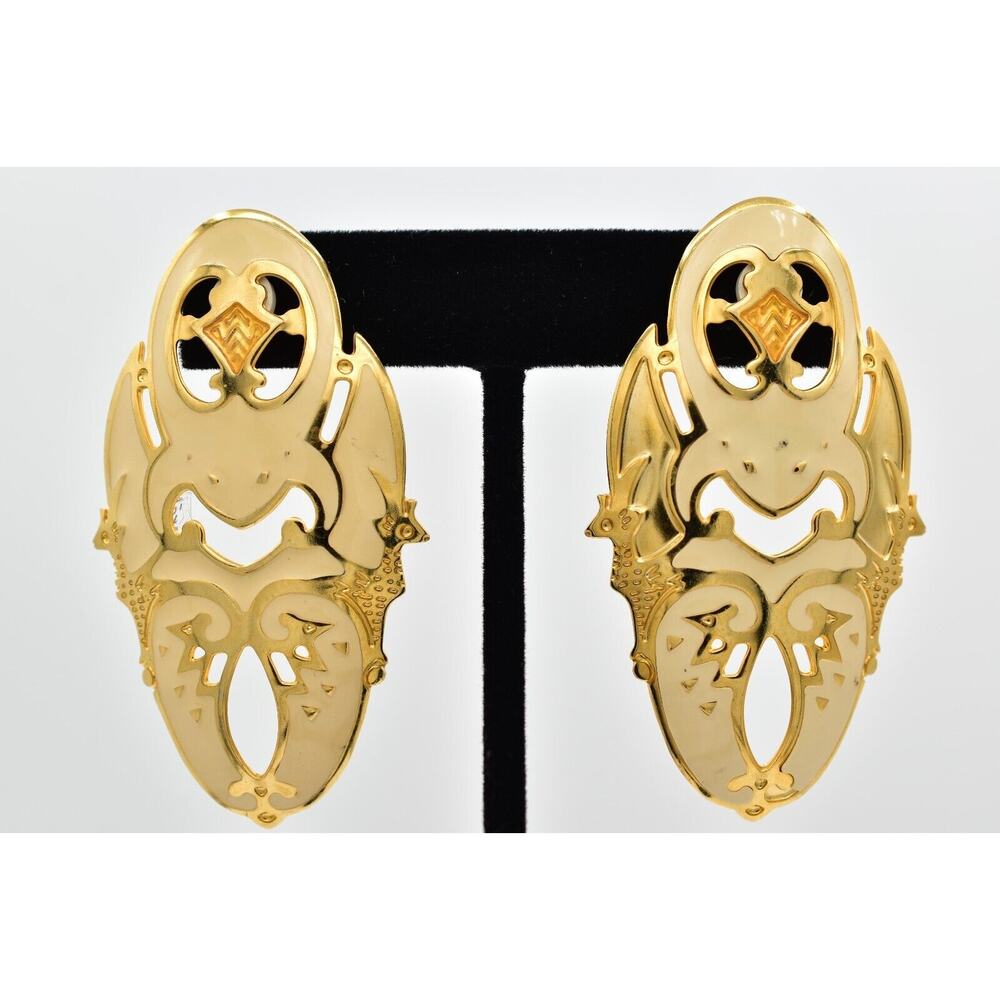 Edgar Berebi Vintage Dangle Earrings Cream Enamel Polished Gold Signed 80s BinBK